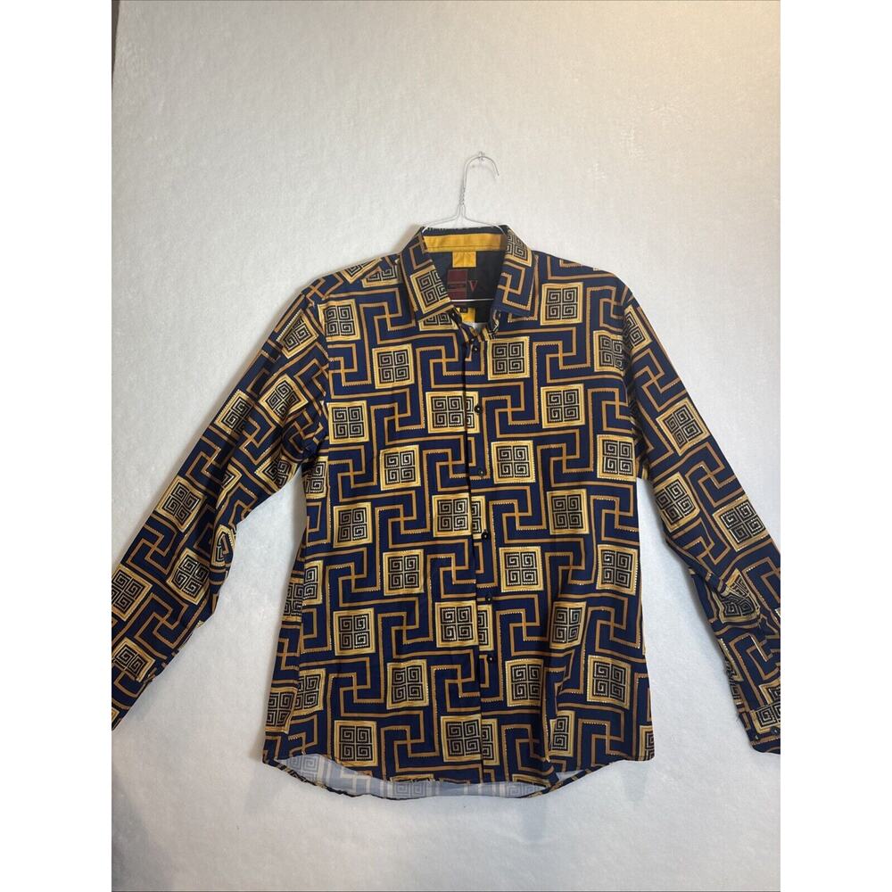 Vesari Button Shirt Geometric Spin Gold And Blue Unique Design Medium Men’s